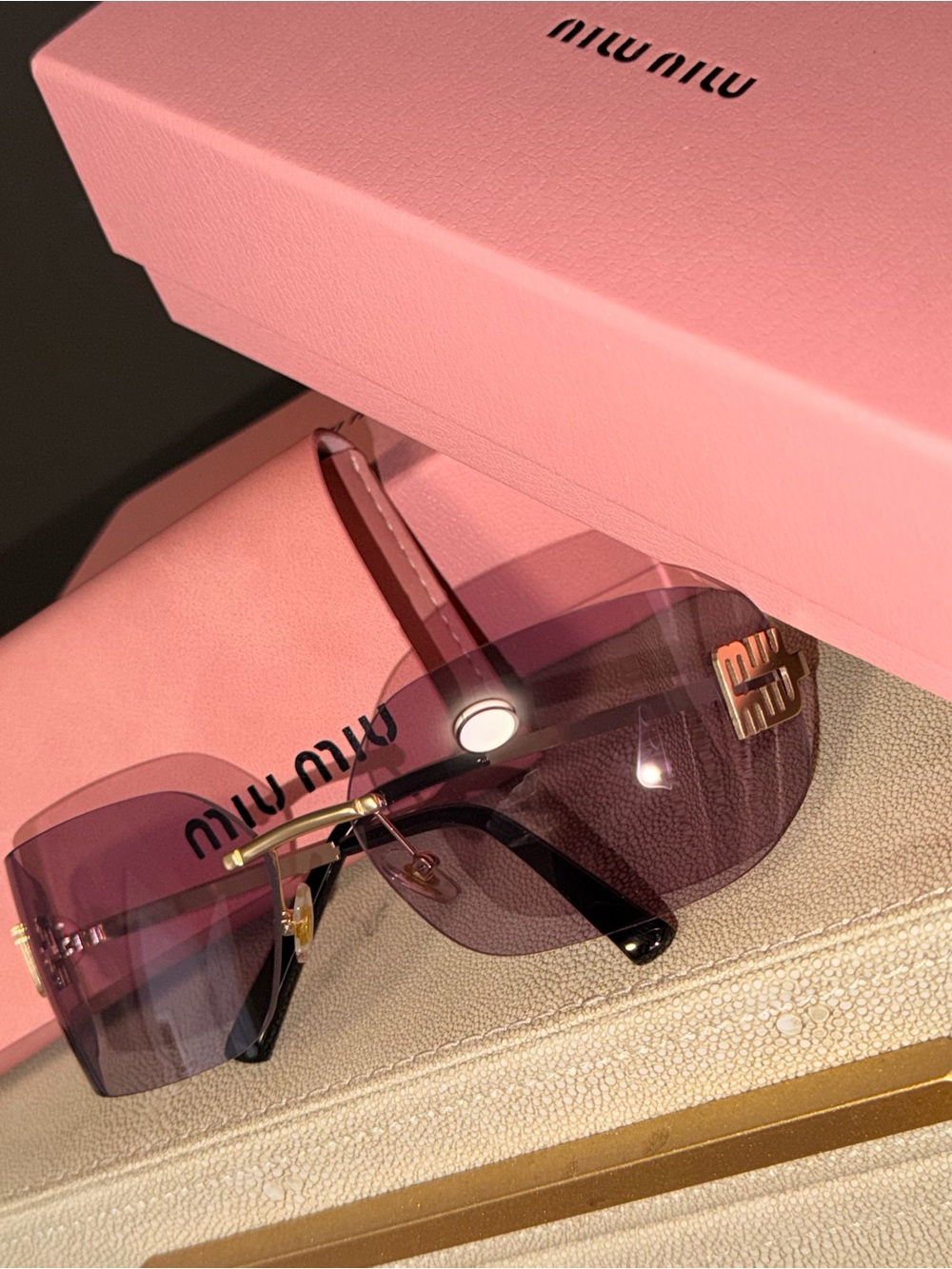 Miu Miu Purple Rimless Gradient Sunglasses with Gold Accents